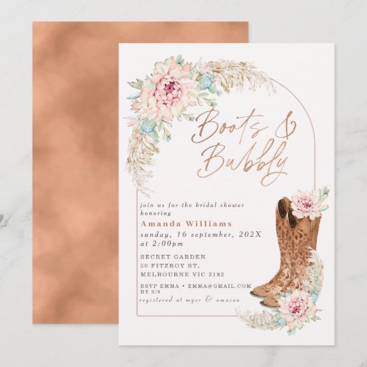 Boho Roze laarzen en Bubbly Vrijgezellenfeest Kaart (Voorkant / Achterkant)