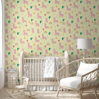 Boho roze lama regenbogen geel baby meisje kinderk behang