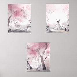 Boho Roze Landschap Wall Art Set van 3