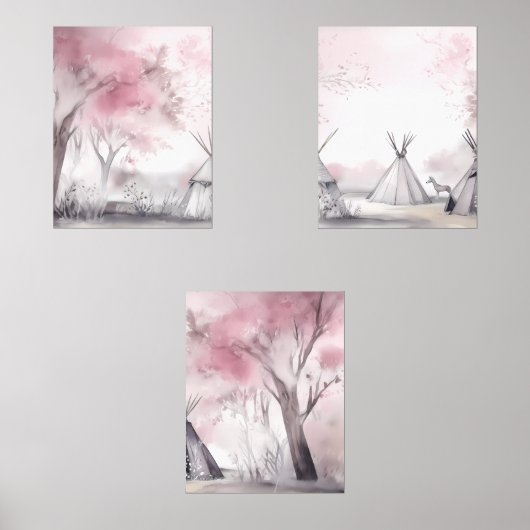 Boho Roze Landschap Wall Art Set van 3 (Voorkant)