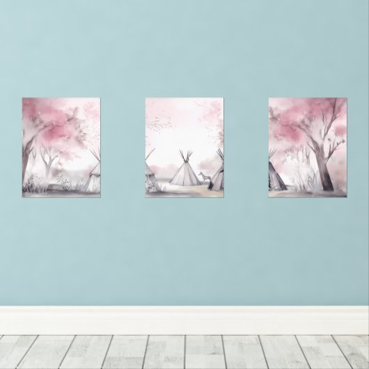 Boho Roze Landschap Wall Art Set van 3 (Houten vloer)