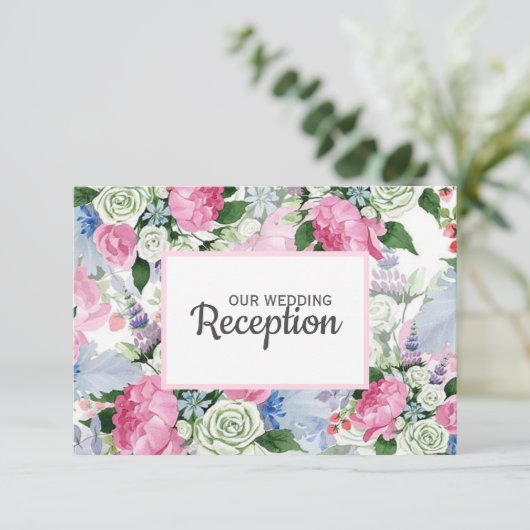 Boho roze lavendel blauwe weide BRUILOFT RECEPTIE RSVP Kaartje (Staand voorkant)