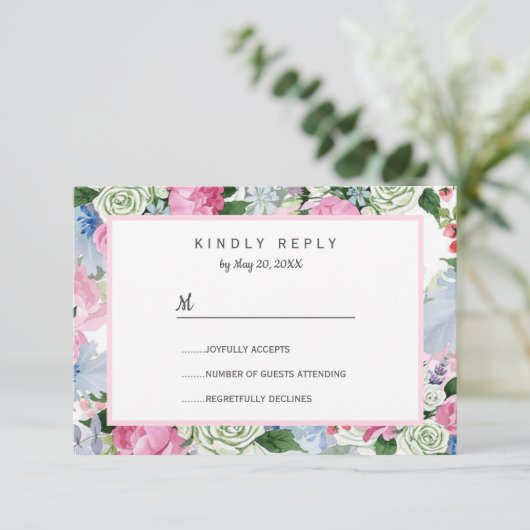 Boho roze lavendel blauwe weide verlaagt Bruiloft  RSVP Kaartje (Staand voorkant)