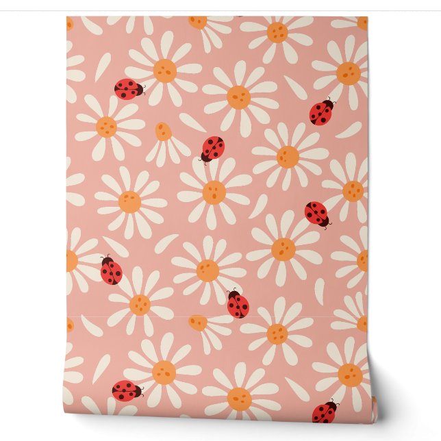 Boho Roze Lieveheersbeestjes en Madeliefjes Behang (Afrollen)
