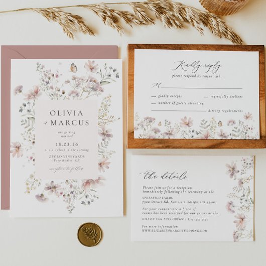 Boho roze Lijst Wildflower bruiloft uitnodiging