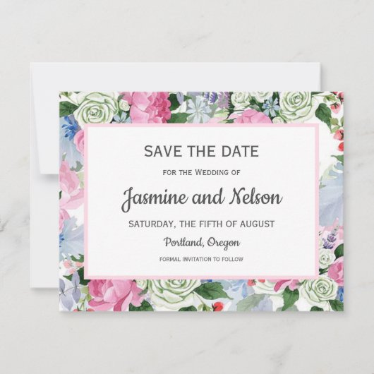 Boho roze Lila blauw Bloemen Bruiloft Save the dat RSVP Kaartje (Voorkant)