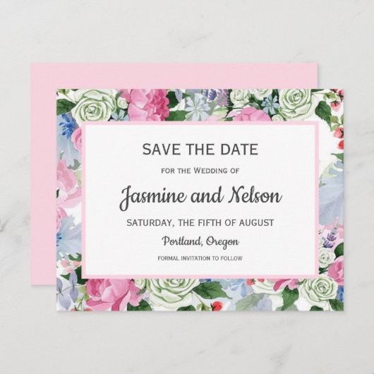 Boho roze Lila blauw Bloemen Bruiloft Save the dat RSVP Kaartje (Voorkant / Achterkant)