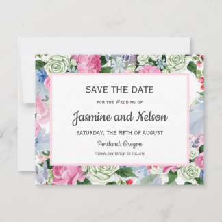 Boho roze Lila blauw Bloemen Bruiloft Save the dat RSVP Kaartje