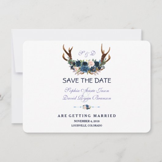 Boho Roze Marineblauw Bloemstuk Gewei Save The Dat Date (Voorkant)