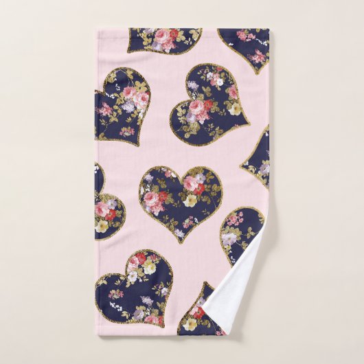 Boho roze marinesblauw goudvalentijn florale harte bad handdoek (Handdoek)