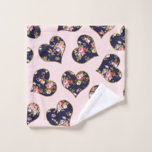 Boho roze marinesblauw goudvalentijn florale harte bad handdoek (Wasdoekje)