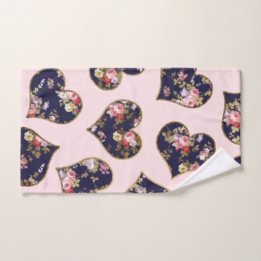 Boho roze marinesblauw goudvalentijn florale harte bad handdoek (Handdoek)