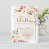 Boho Roze Meisje Pampas Grass Herfst Baby shower Kaart (Staand voorkant)