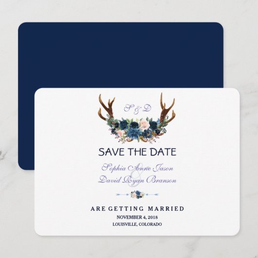 Boho Roze Navy Blauw Bloemantenne Save The Date (Voorkant / Achterkant)
