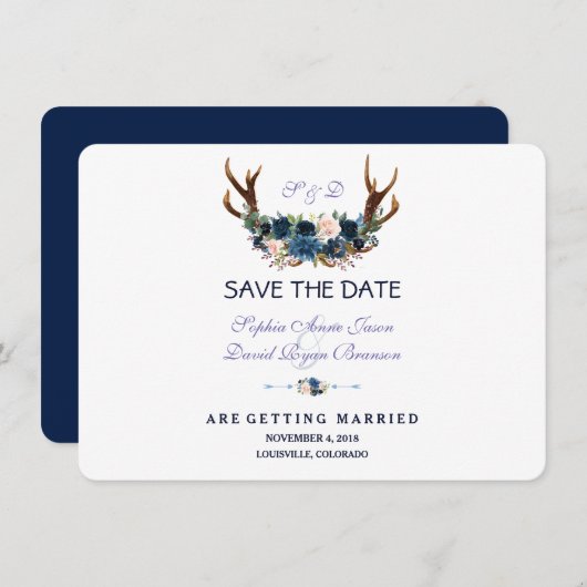 Boho Roze Navy Blauwe Bloemige Geweien Save The Da Save The Date (Voorkant / Achterkant)