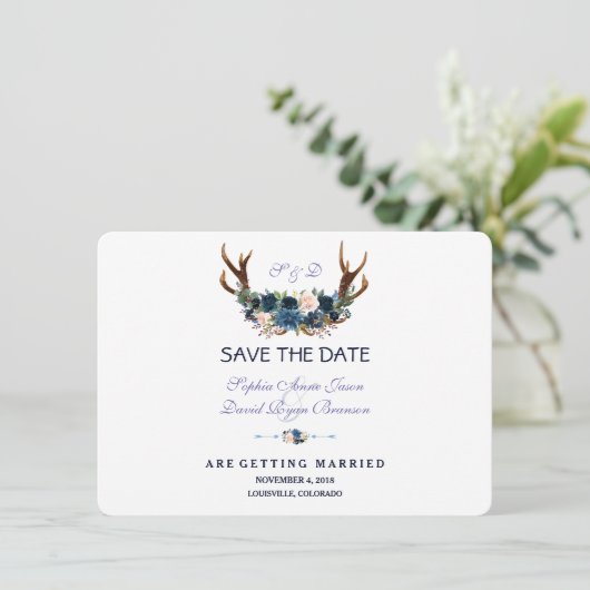 Boho Roze Navy Blauwe Bloemige Geweien Save The Da Save The Date (Staand voorkant)