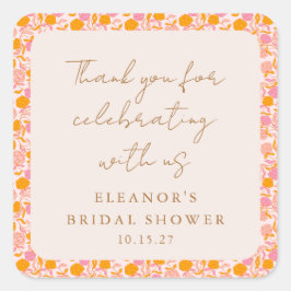 Boho Roze Oranje Bloem Bruiloft Dank Je Vierkante Sticker