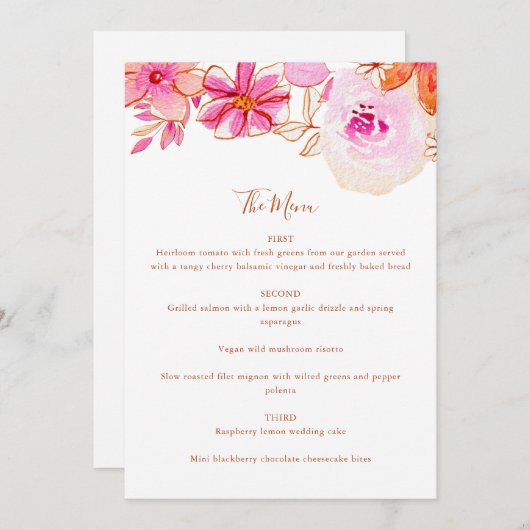 Boho Roze Oranje Bloemen Custom Bruiloft Menu (Voorkant / Achterkant)