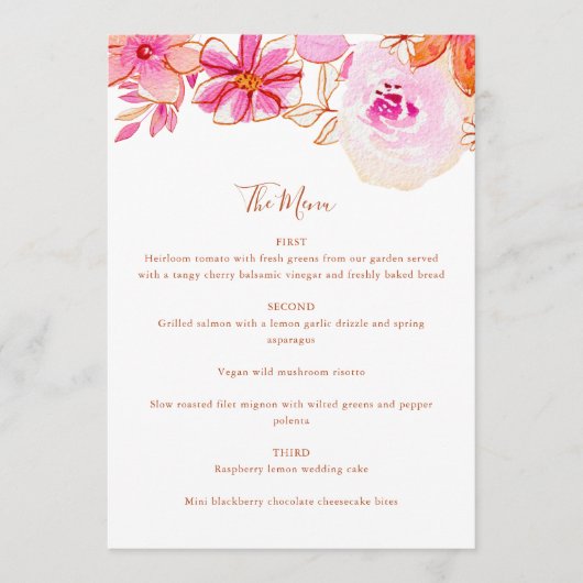 Boho Roze Oranje Bloemen Custom Bruiloft Menu (Voorkant)
