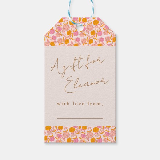 Boho Roze Oranje Bloemig Zoete Display Shower Cadeaulabel (Voorkant)