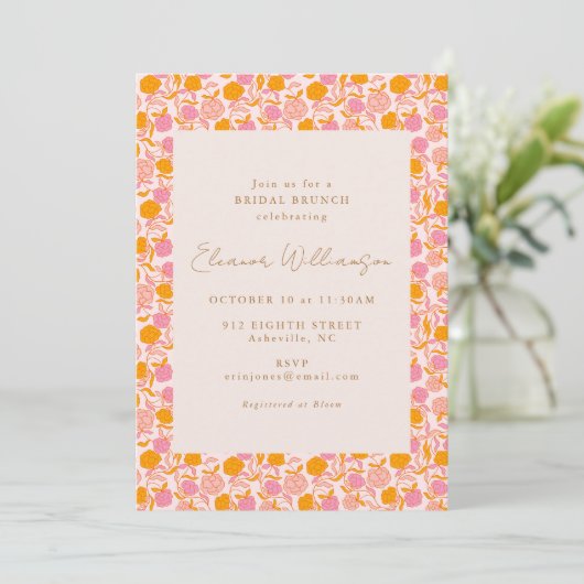 Boho Roze Oranje Bloemrijke Bruiloft Brunch Kaart (Staand voorkant)