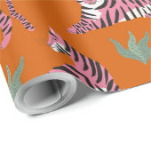 Boho Roze Oranje Jungle Tijger Dierenpatroon Cadeaupapier (Rol Hoek)