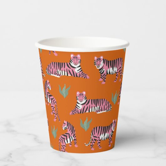 Boho Roze Oranje Jungle Tijger Dierenpatroon Papieren Bekers (Voorkant)