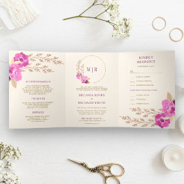 Boho Roze Orchidee Bloemige All In One Ivoor Trouw Drieluik Uitnodiging