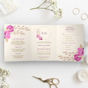 Boho Roze Orchidee Bloemige All In One Ivoor Trouw Drieluik Uitnodiging