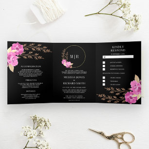 Boho Roze Orchidee Bloemige All-in-One Zwarte Trou Drieluik Uitnodiging