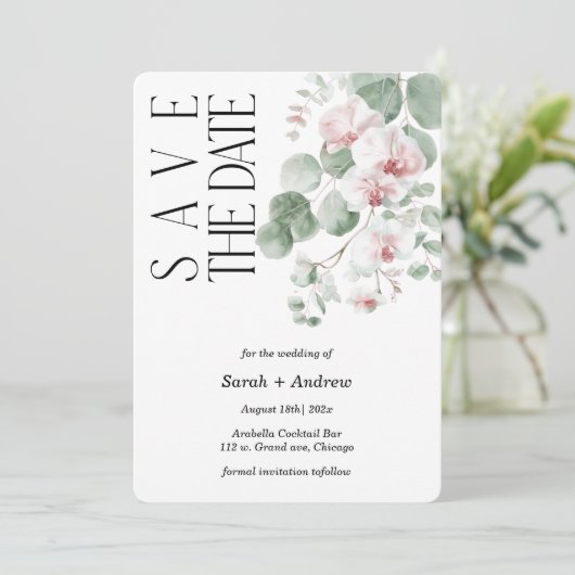 Boho Roze Orchidee Save The Date Sjabloon Printbaa Kaart (Staand voorkant)