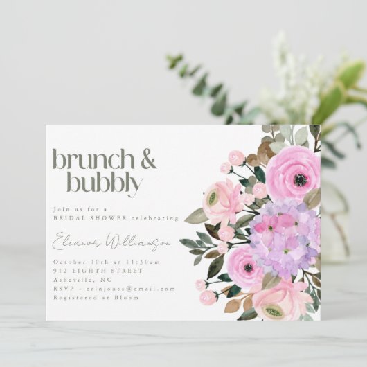 Boho Roze Paarse Bloemen Leuke Brunch Bubble Showe Kaart (Staand voorkant)
