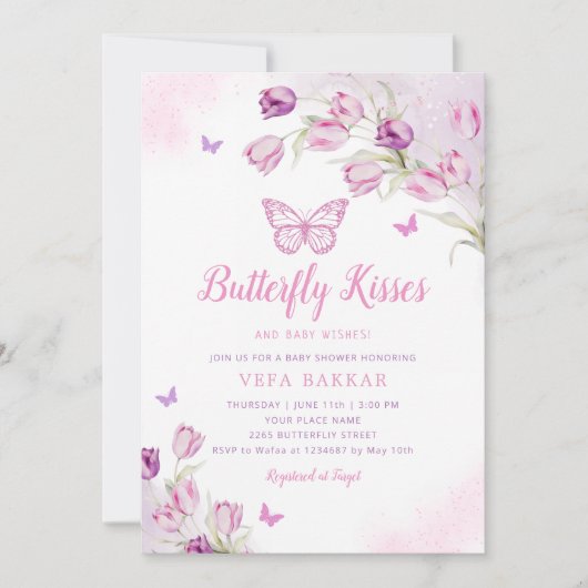 Boho Roze Paarse Bloemen Vlinder Meisje Baby showe Kaart (Voorkant)