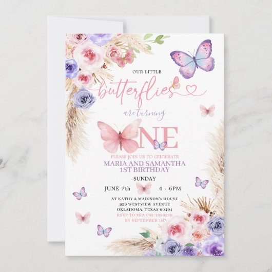Boho Roze Paarse Vlinder 1e Verjaardag Bloemen Kaart (Voorkant)