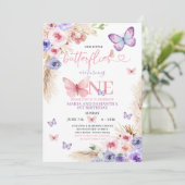 Boho Roze Paarse Vlinder 1e Verjaardag Bloemen Kaart (Staand voorkant)