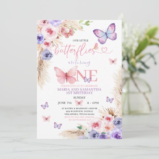 Boho Roze Paarse Vlinder 1e Verjaardag Bloemen Kaart (Staand voorkant)