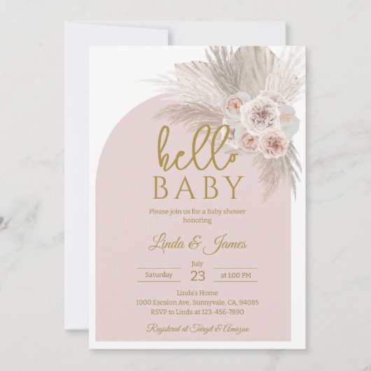 Boho Roze Pampagras Baby Shower Kaart (Voorkant)