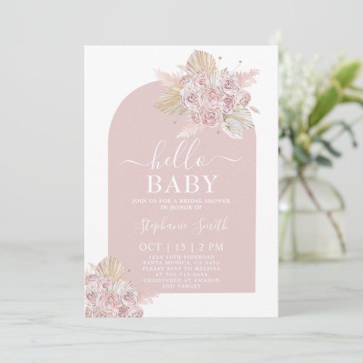 Boho roze Pampas Grass Baby shower Girl Uitnodigin Kaart (Staand voorkant)