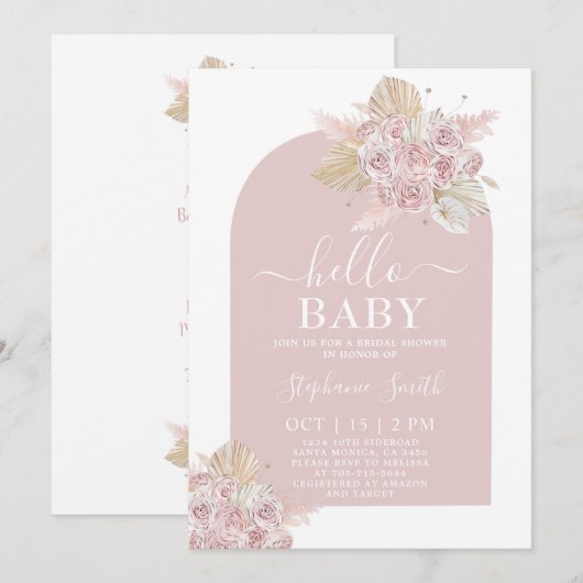 Boho roze Pampas Grass Baby shower Girl Uitnodigin Kaart (Voorkant / Achterkant)