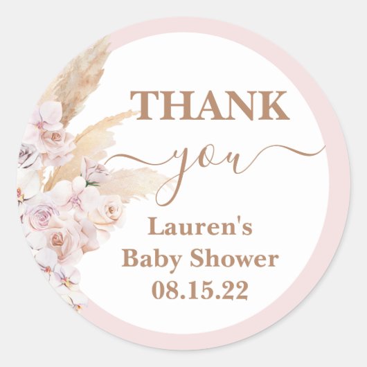 Boho Roze Pampas Grass Baby shower Ronde Sticker (Voorkant)