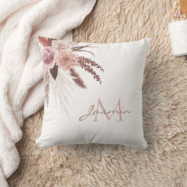 Boho Roze Pampasgras Bloem Monogram Kussen (Deken)
