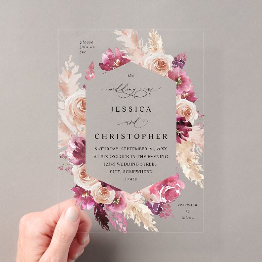 Boho Roze Pampasgras Bloemen Bruiloft Acryl Uitnodigingen (Insitu (Draagbaar))