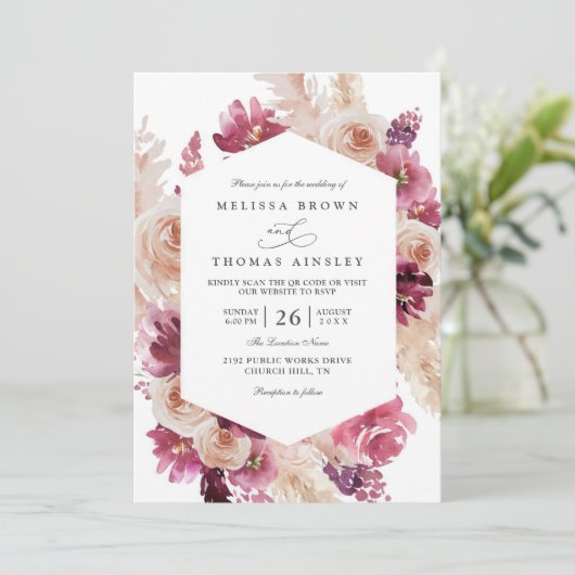 Boho Roze Pampasgras Bloemencode QR Code Trouwen Kaart (Staand voorkant)