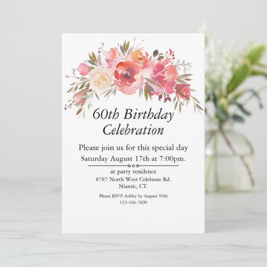 Boho roze perzik bloemgroen 60e kaart (Staand voorkant)