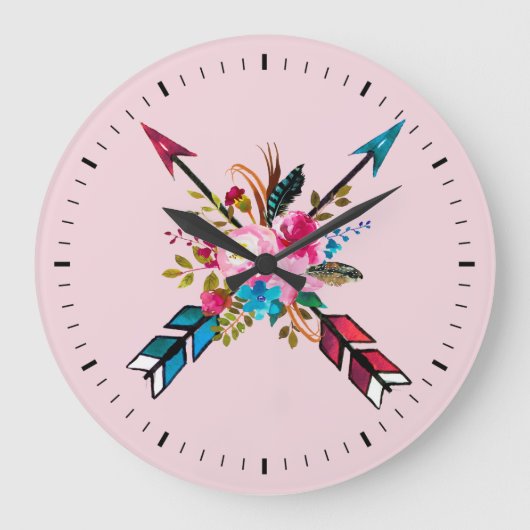Boho Roze Pijlen & Veren Boeket Wandklok (Voorkant)