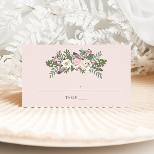 Boho Roze Pink Moody Bloemige Monogram Bruiloft Plaatskaartje
