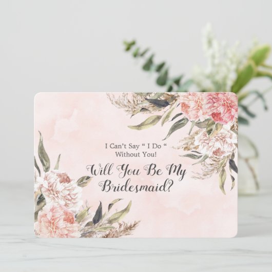 Boho Roze Pioen Pampas Wil Je Mijn Bruidsmeisje Zi Kaart (Staand voorkant)