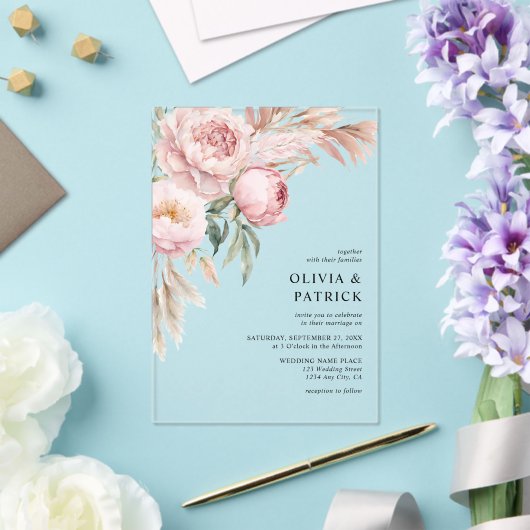Boho Roze Pioenen & Pampas Gras Bloemen Huwelijk Acryl Uitnodigingen (Insitu (Huwelijk))