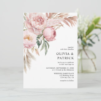 Boho Roze Pioenrozen & Pampasgras Bloemige Bruilof Kaart