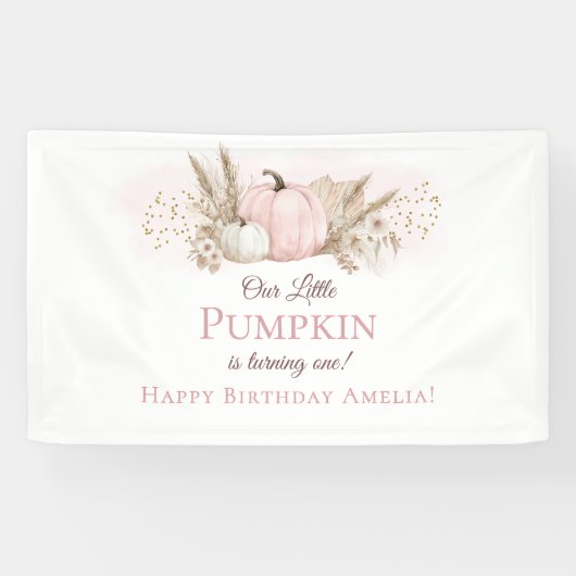 Boho Roze Pompoen 1e Verjaardag Welkom Spandoek (Horizontaal)